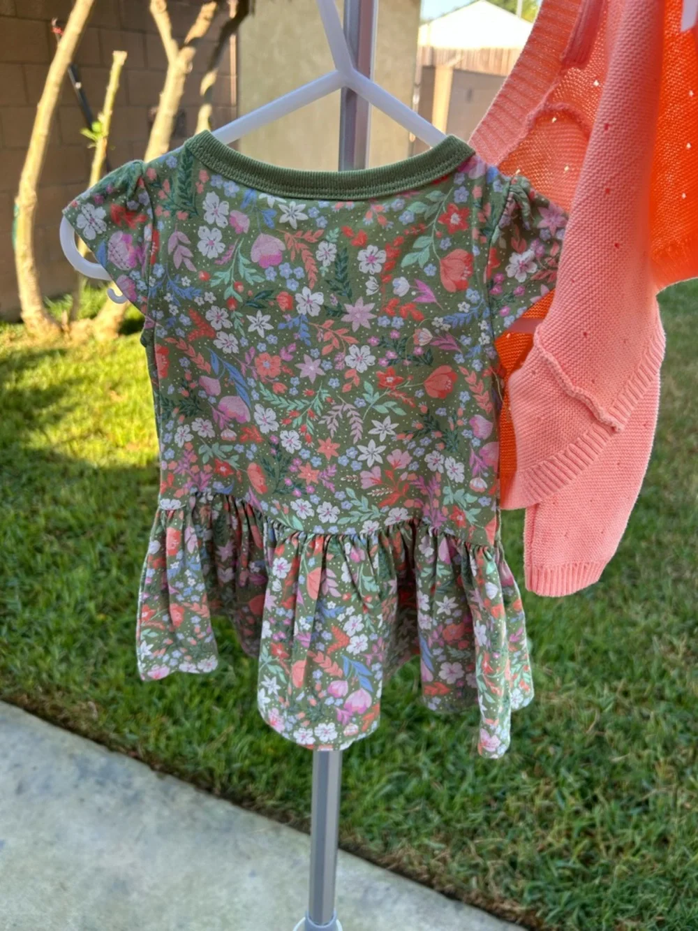 First Impressions Pink Cardigan with Green Floral Dress Set
